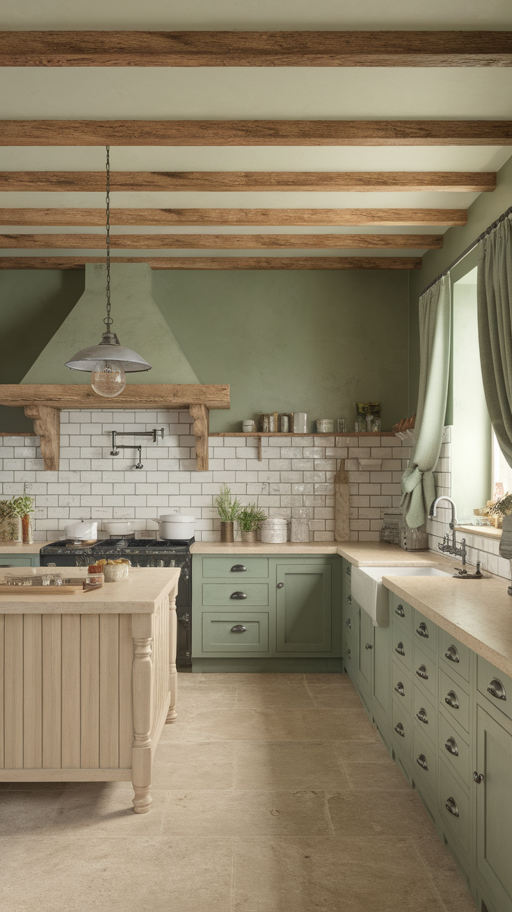 A chic farmhouse kitchen featuring sage green cabinets, wooden beams, and a light stone countertop.