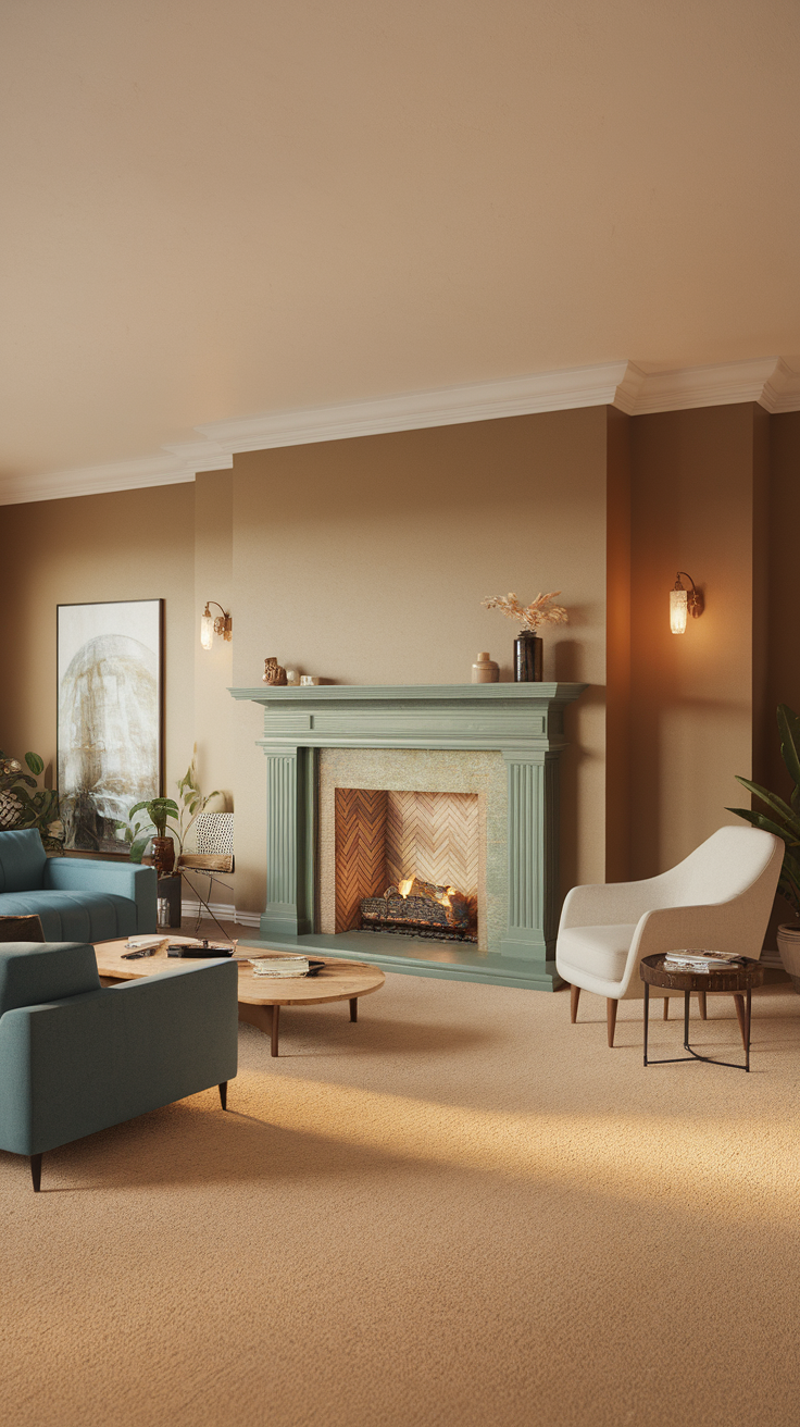 A cozy living room featuring a sage green fireplace, comfortable seating, and warm lighting.