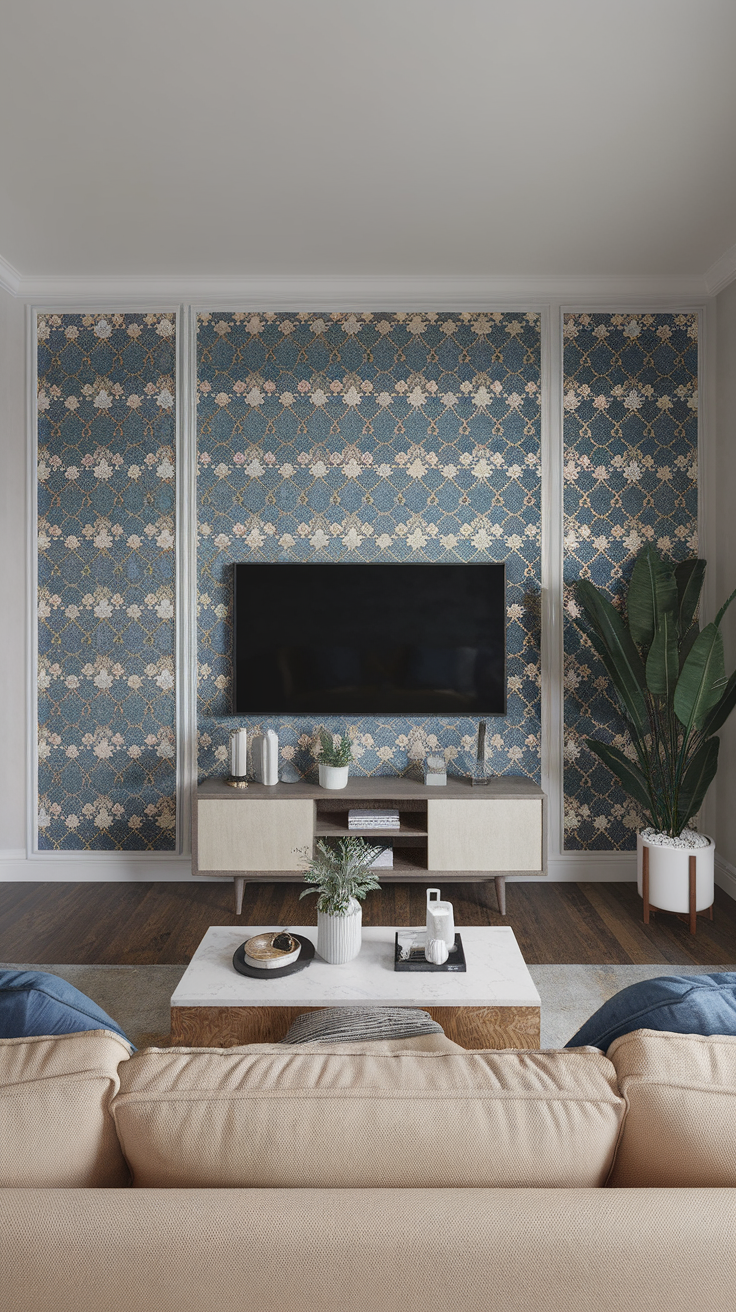 Living room with floral wallpaper accent wall featuring a TV and modern decor.