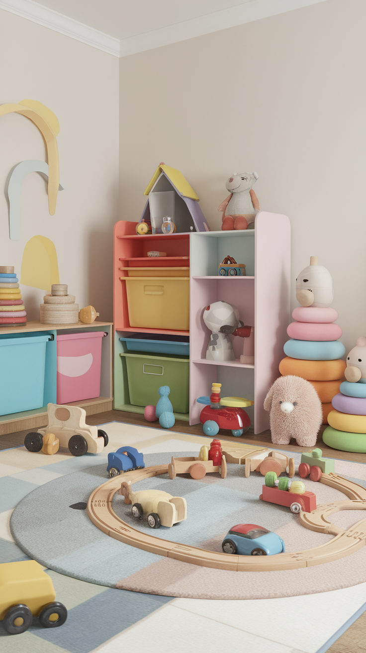 A colorful and organized toddler play area with toys, storage bins, and a soft rug.