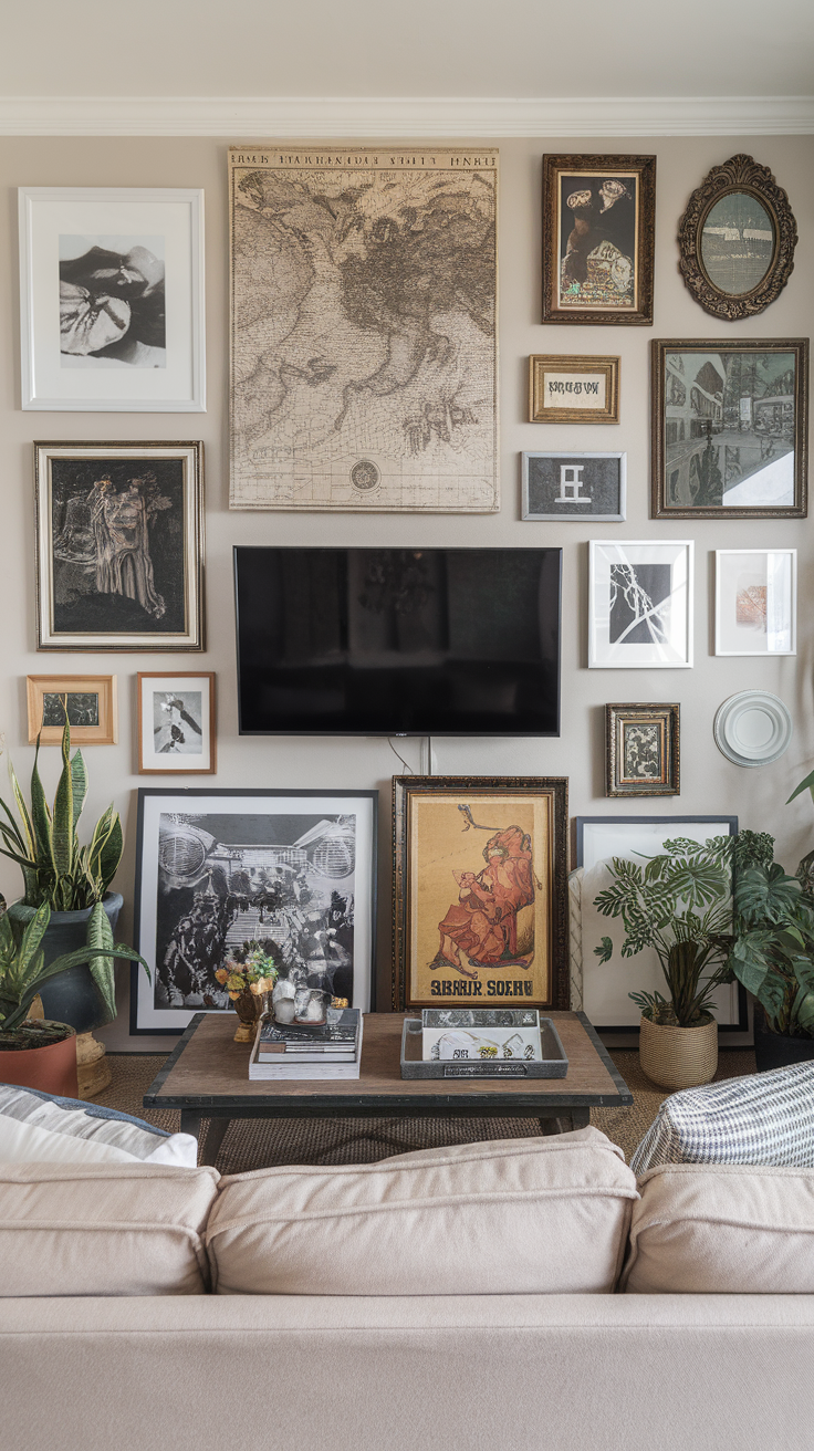 Gallery wall with various art pieces and a TV, complemented by plants and a coffee table.