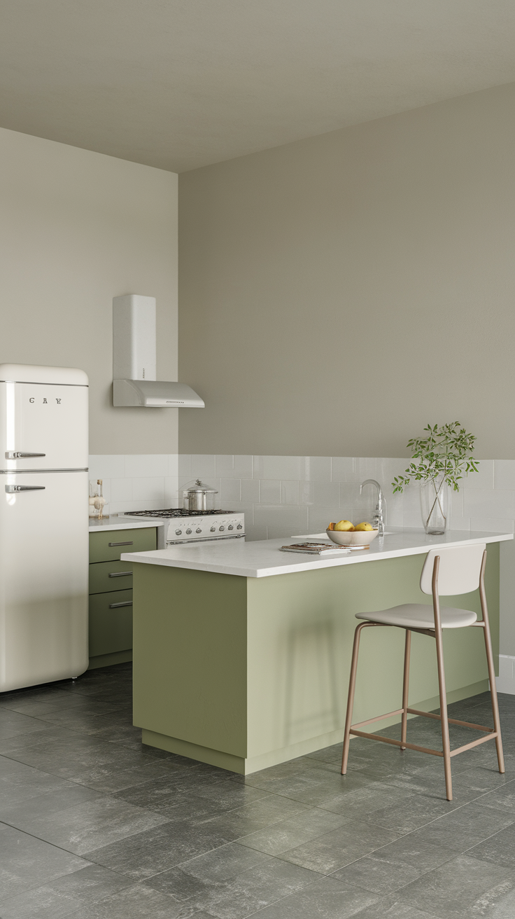 Minimalist kitchen featuring sage green cabinetry with white countertops and backsplash.