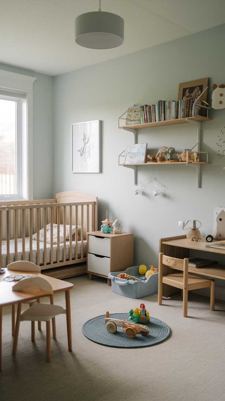 A cozy toddler bedroom layout with a crib, small table, and toy storage.