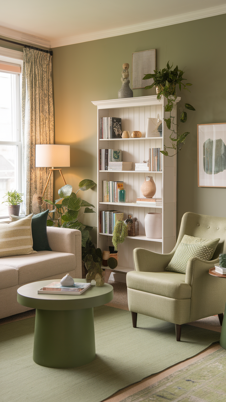 Cozy living room with sage green walls, comfortable seating, and a bookshelf filled with books and plants.