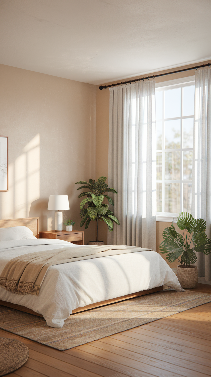 A cozy minimalist bedroom featuring a bed, bedside table, lamp, and plants with natural light coming through the window.