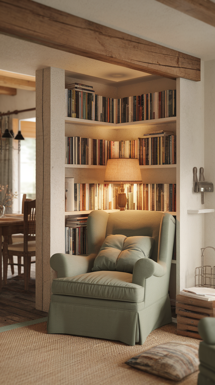 Cozy reading nook with sage green armchair and bookshelf.