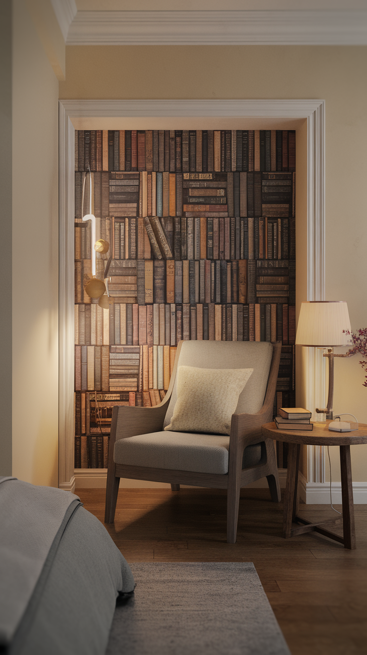 Cozy reading nook with a chair, lamp, and wall resembling bookshelves.