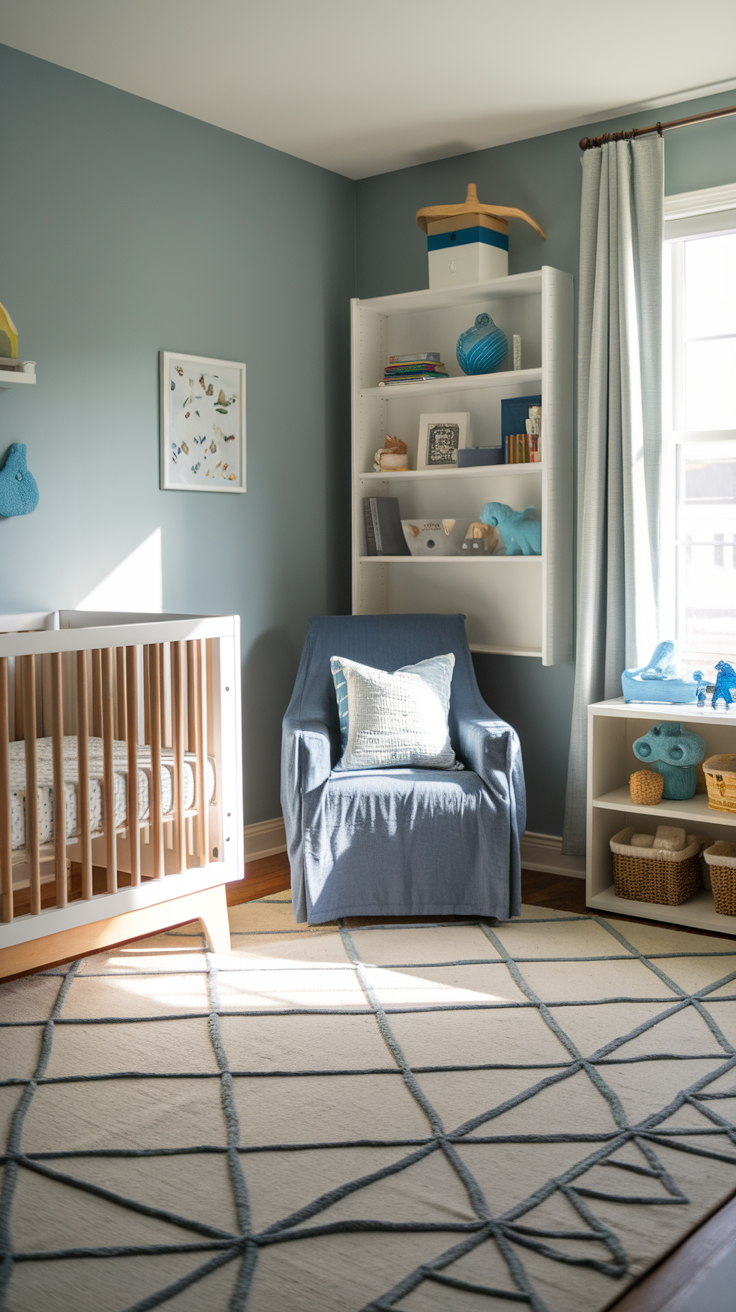 A serene toddler bedroom with a crib, cozy chair, and soft decor.