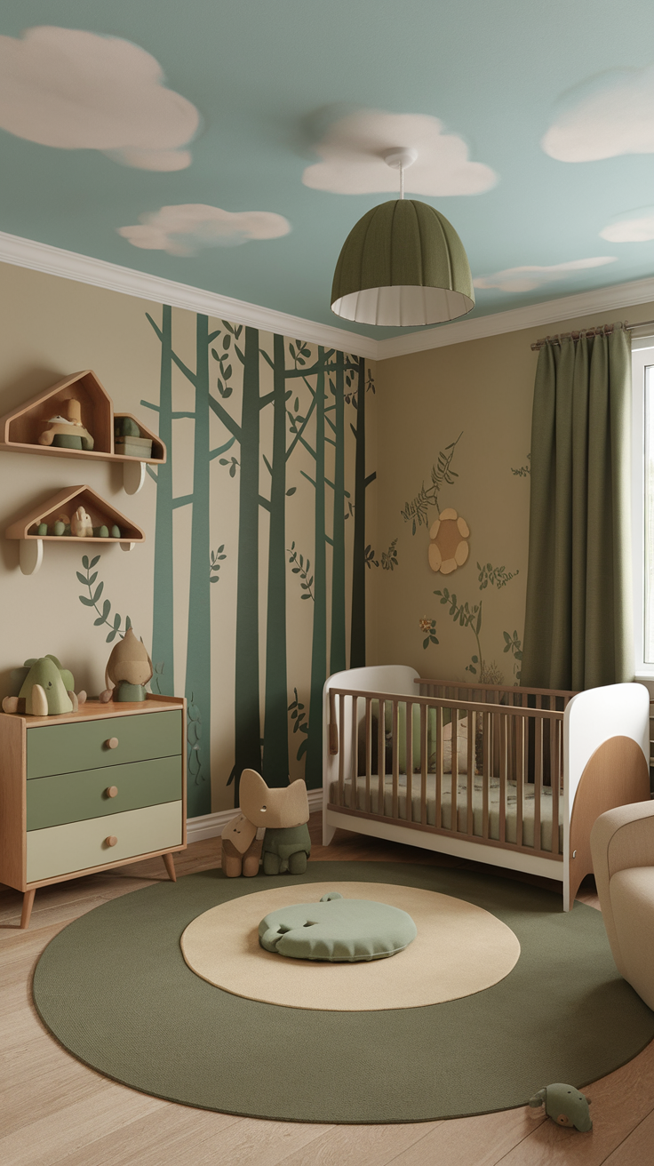 A beautifully designed toddler bedroom with a forest theme, featuring tree wall art, a crib, and playful decor.