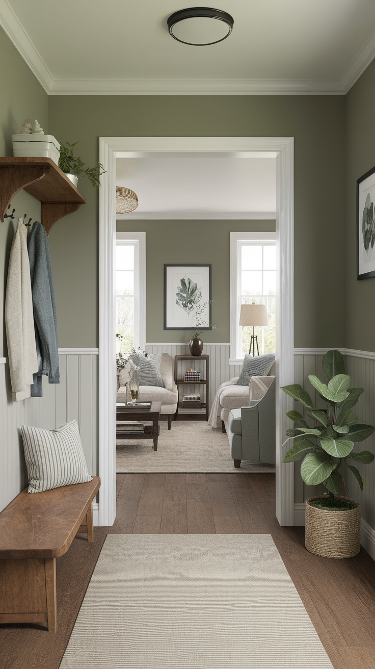 A cozy entryway leading into a living room with sage green walls, wooden bench, and plants.