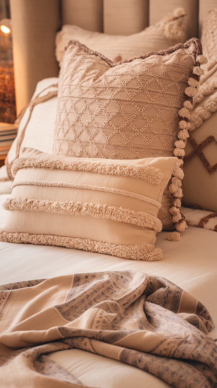 A cozy corner of a bedroom featuring a lamp, an open book, and soft curtains.