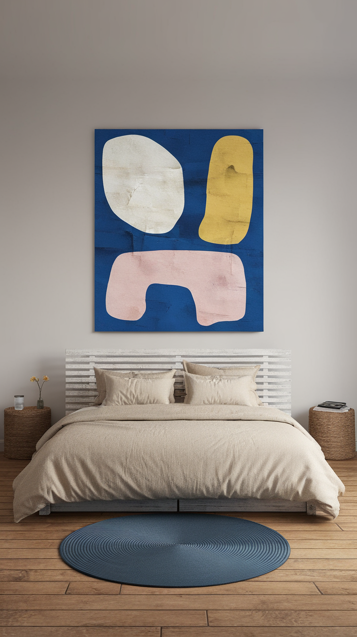 A cozy minimalist bedroom featuring a large abstract painting and soft bedding