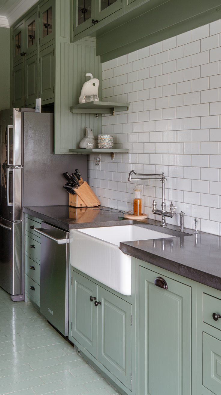 A chic kitchen featuring sage green cabinetry, dark countertops, and white subway tiles.