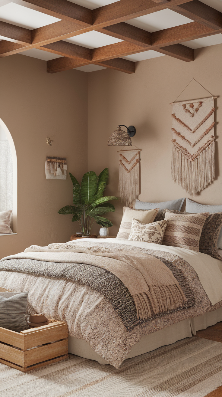 Cozy layered bedding in a boho-inspired bedroom with various textures and colors.