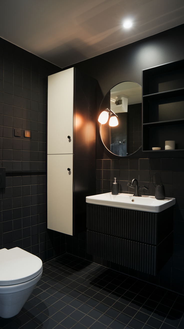 Stylish bathroom with dark tiles and smart storage solutions.