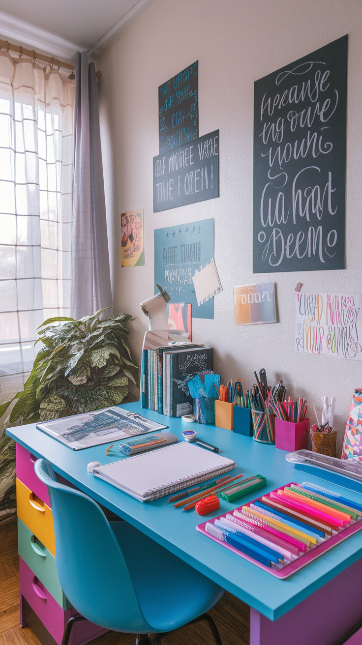 A colorful and organized study desk featuring inspiring quotes on the wall and various stationery items.