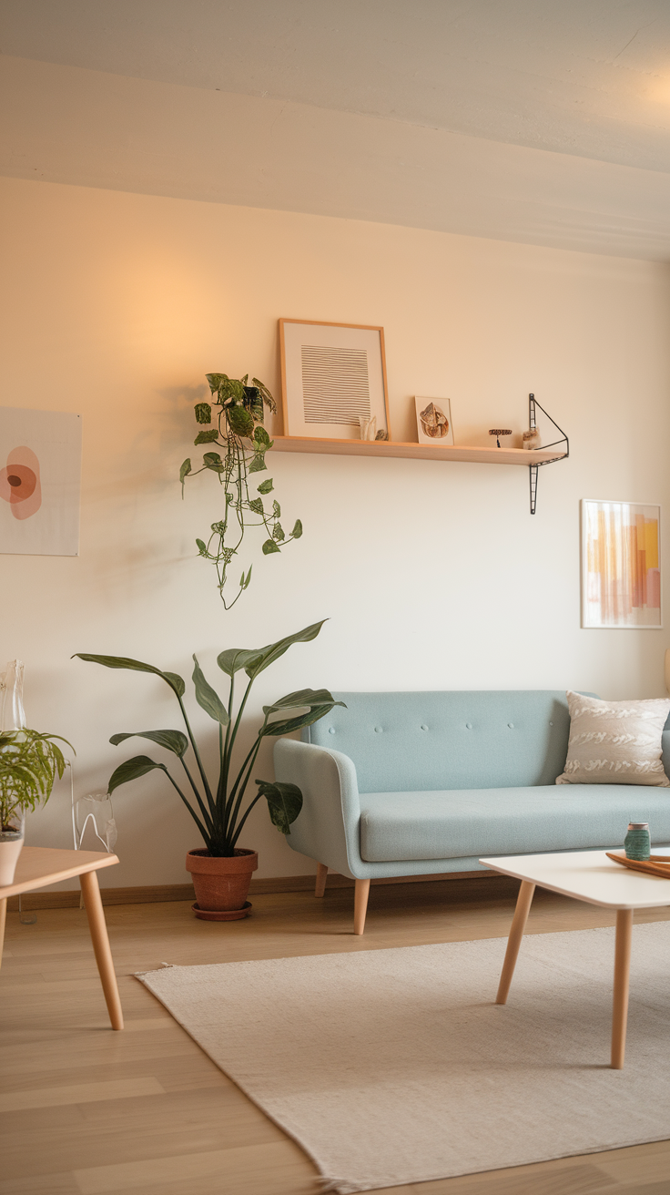 A cozy living room featuring a blue couch, potted plants, and white walls.