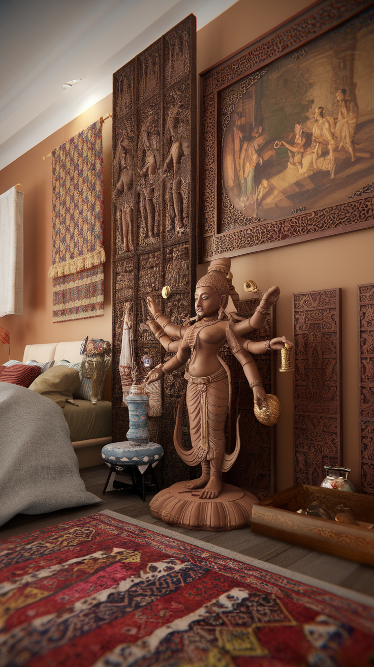 A cozy bedroom featuring a detailed statue, carved wooden panels, and colorful textiles, embodying a cultural and hippie theme.