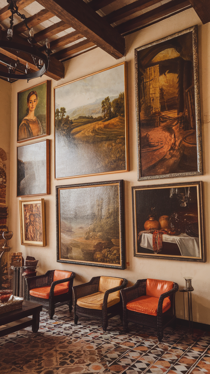 A living room with a large Spanish style mural and comfortable seating.