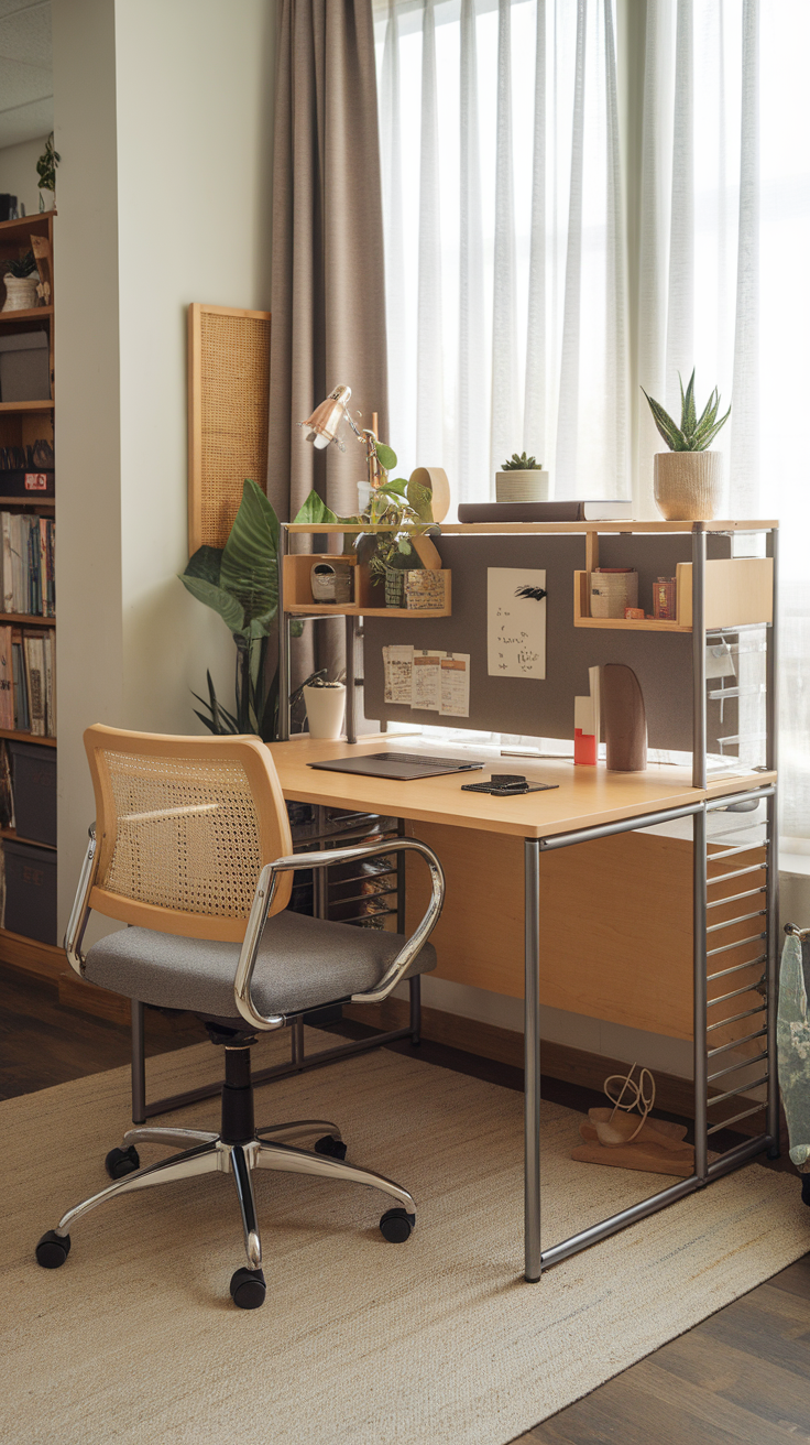 A stylish modular desk arrangement suitable for a dorm room, featuring a wooden desk with metal legs, a comfortable chair, and decorative plants.