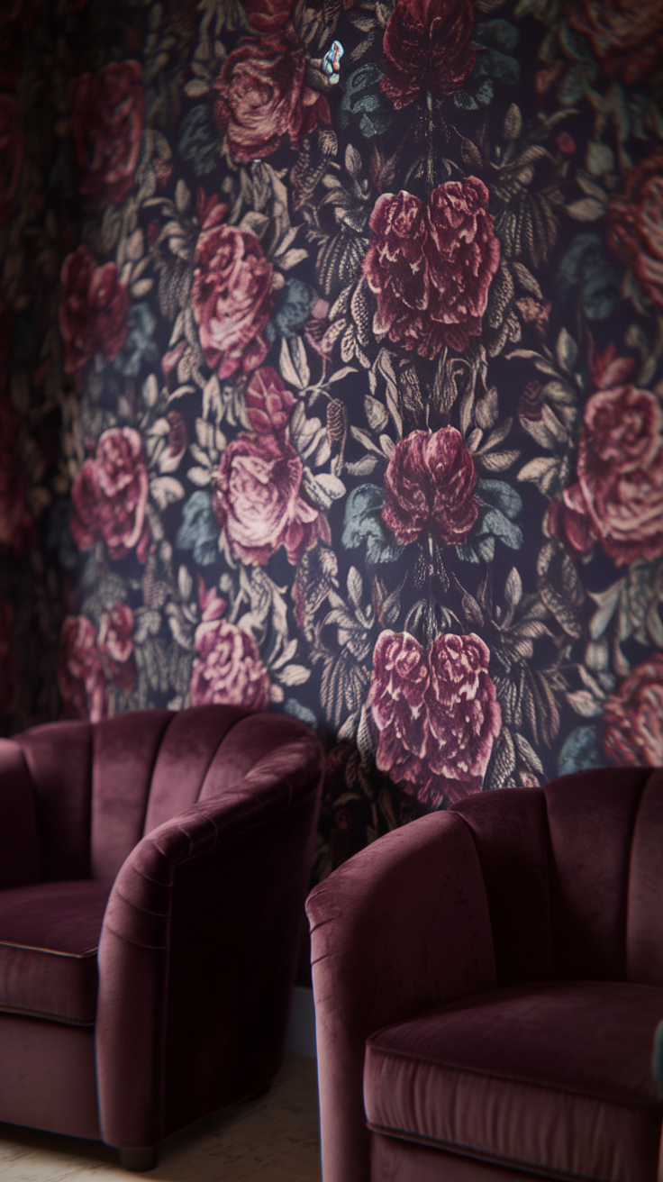 Dark floral wallpaper in a living room with plush velvet chairs