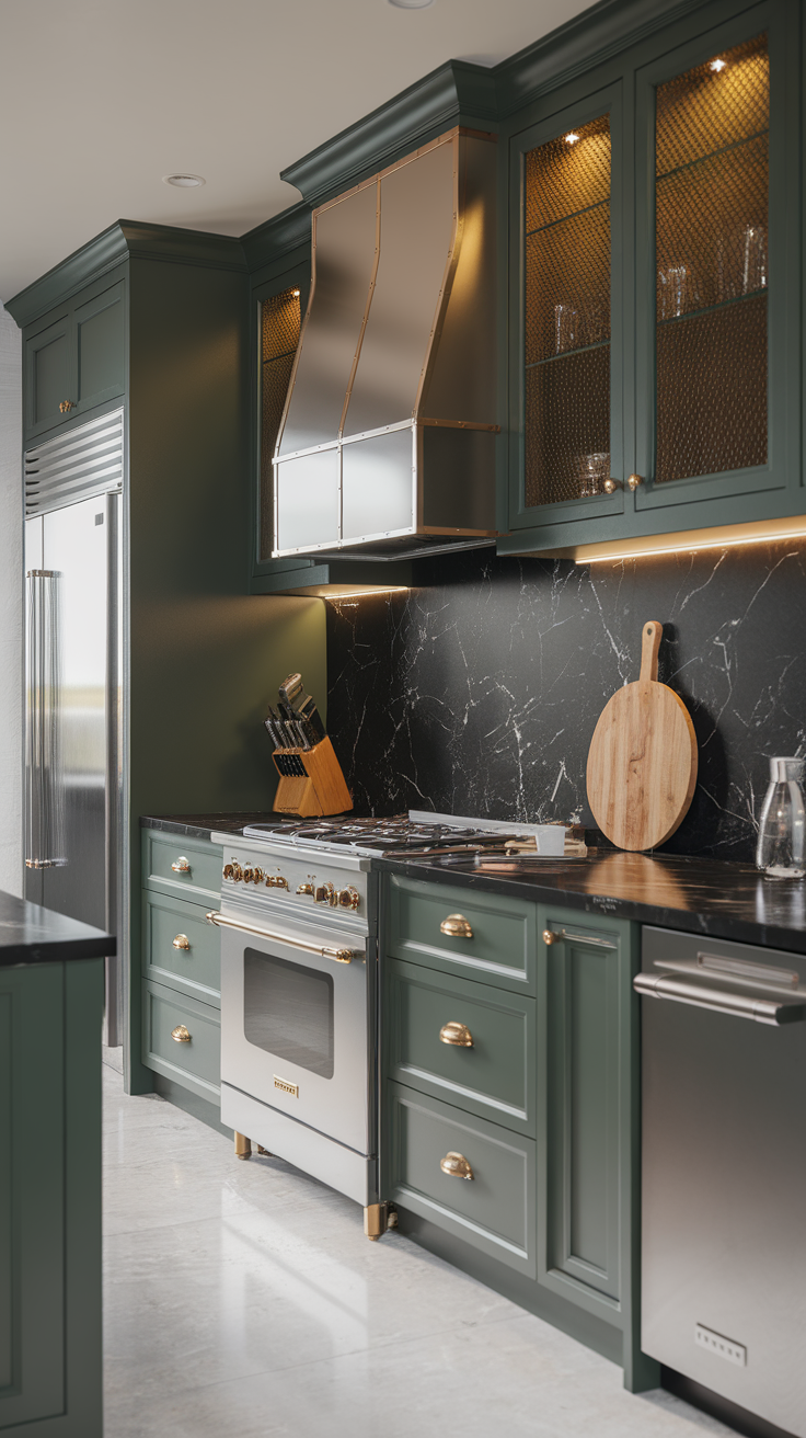 Modern kitchen featuring dark green cabinets, gold accents, and a black countertop.