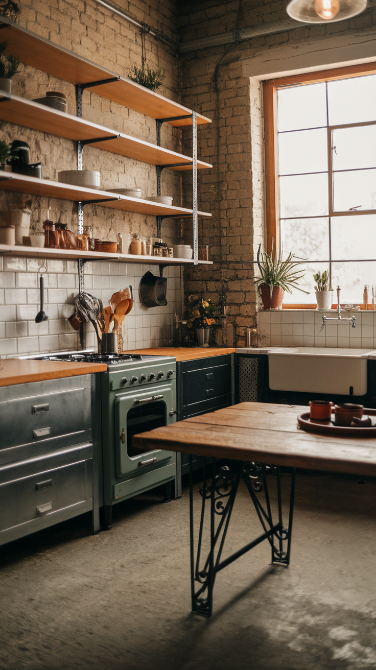 A rustic industrial farmhouse kitchen featuring open shelves, wooden accents, and vintage appliances.