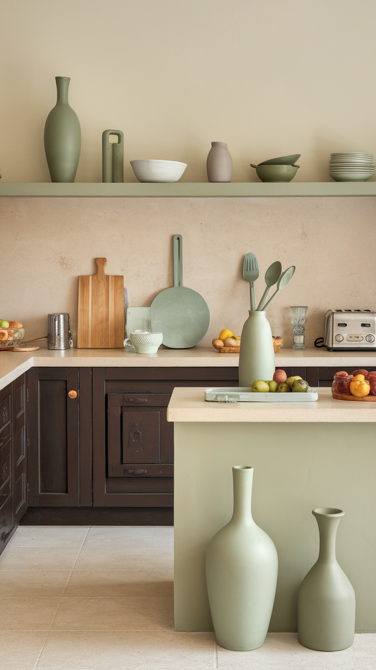 A stylish kitchen featuring sage green vases and accessories on shelves and countertops