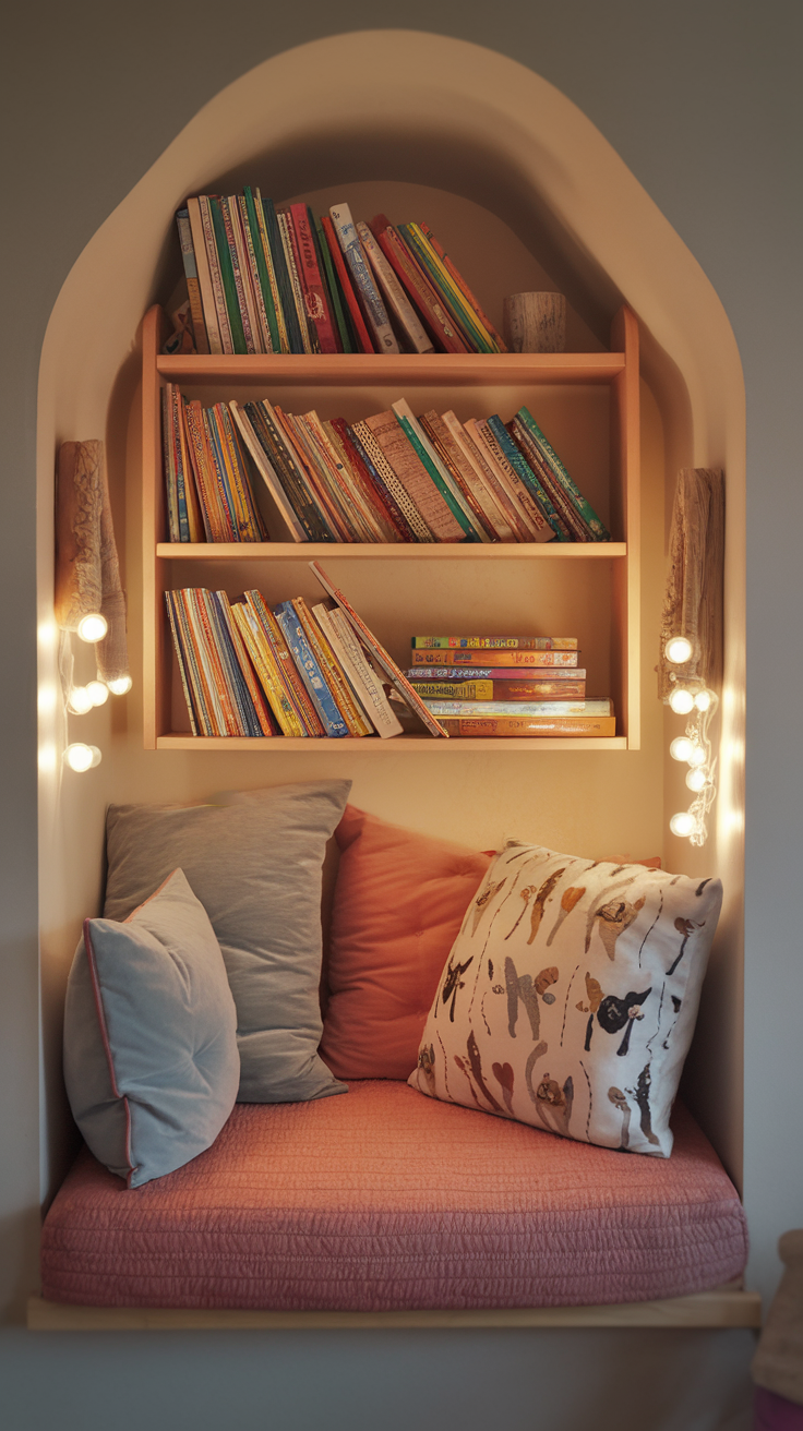 Cozy reading nook with colorful bookshelves and plush cushions