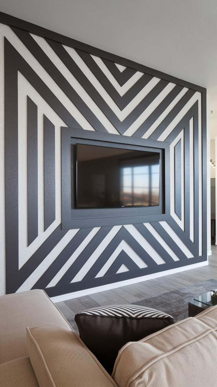 A modern living room with a TV mounted on a striking black and white feature wall.