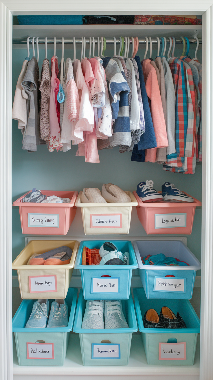 Organized toddler closet with clothes, shoes, toys, and a stool