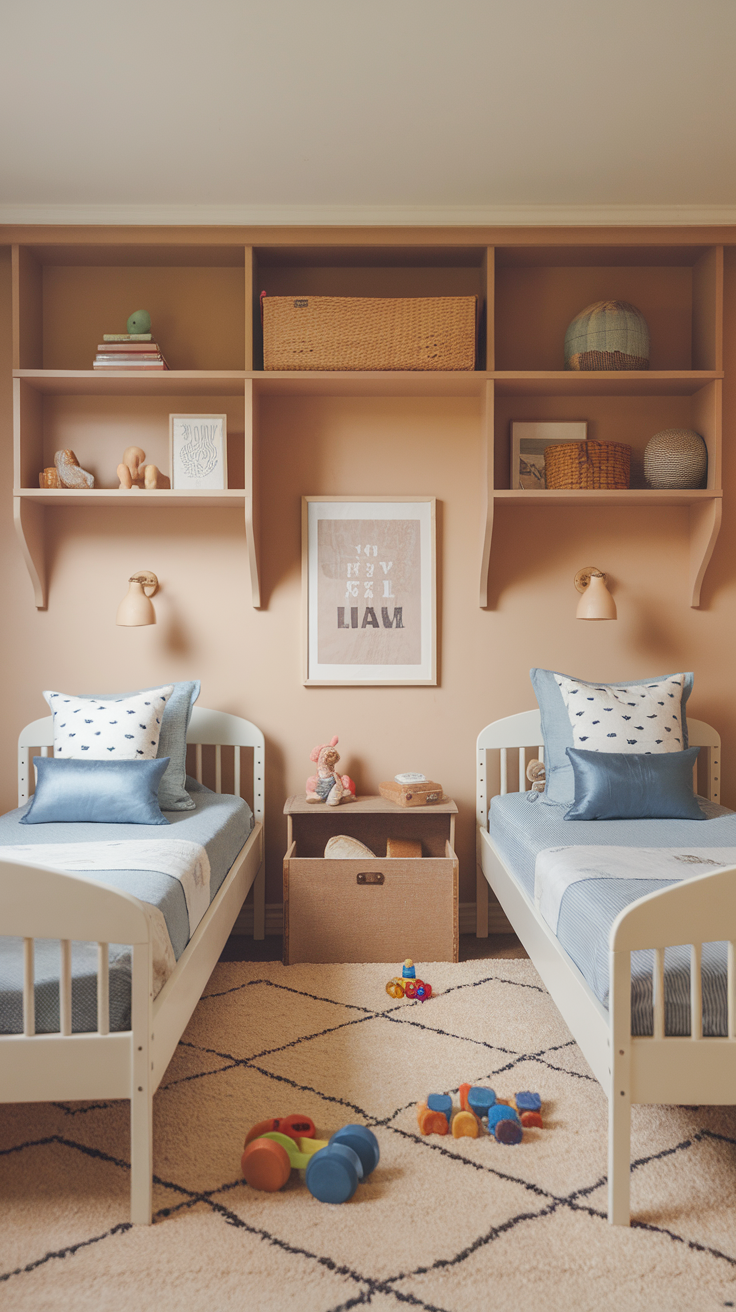 A cozy toddler bedroom with two beds, playful decor, and organized shelves.