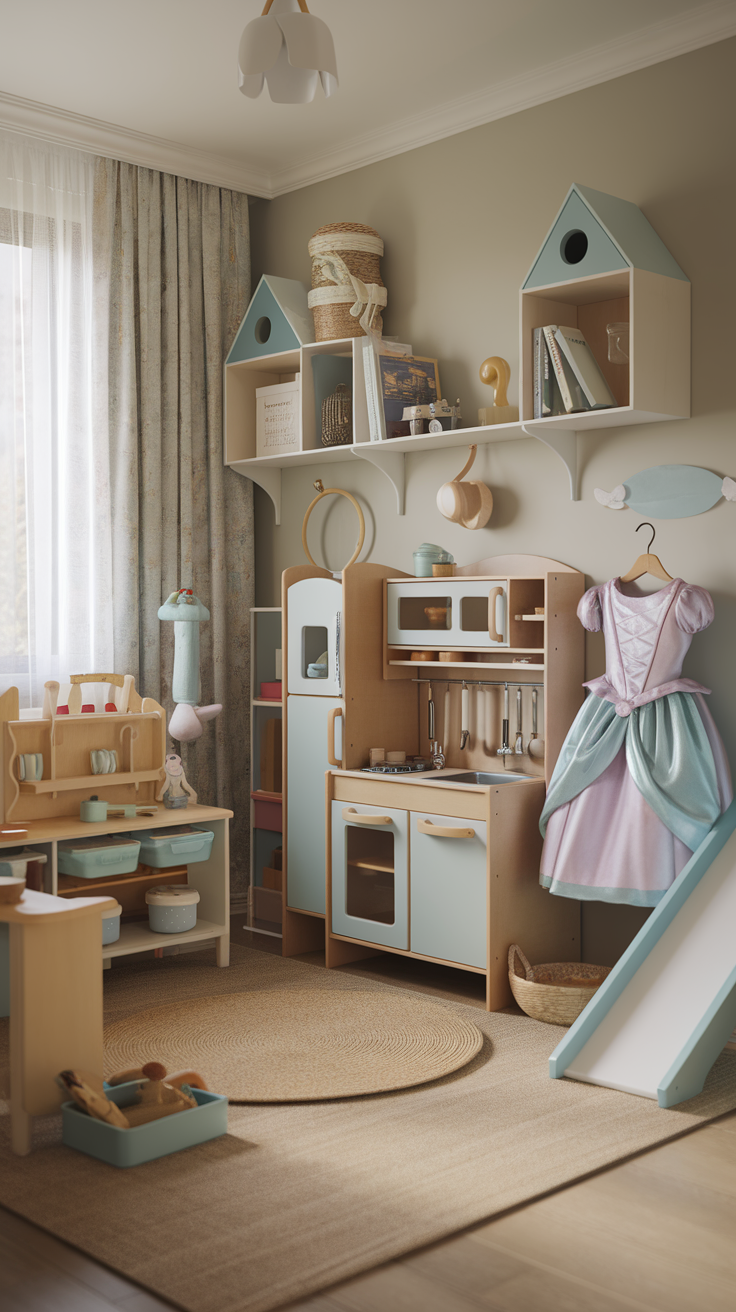 A well-designed toddler bedroom featuring a small kitchen set, play dress, and a slide.