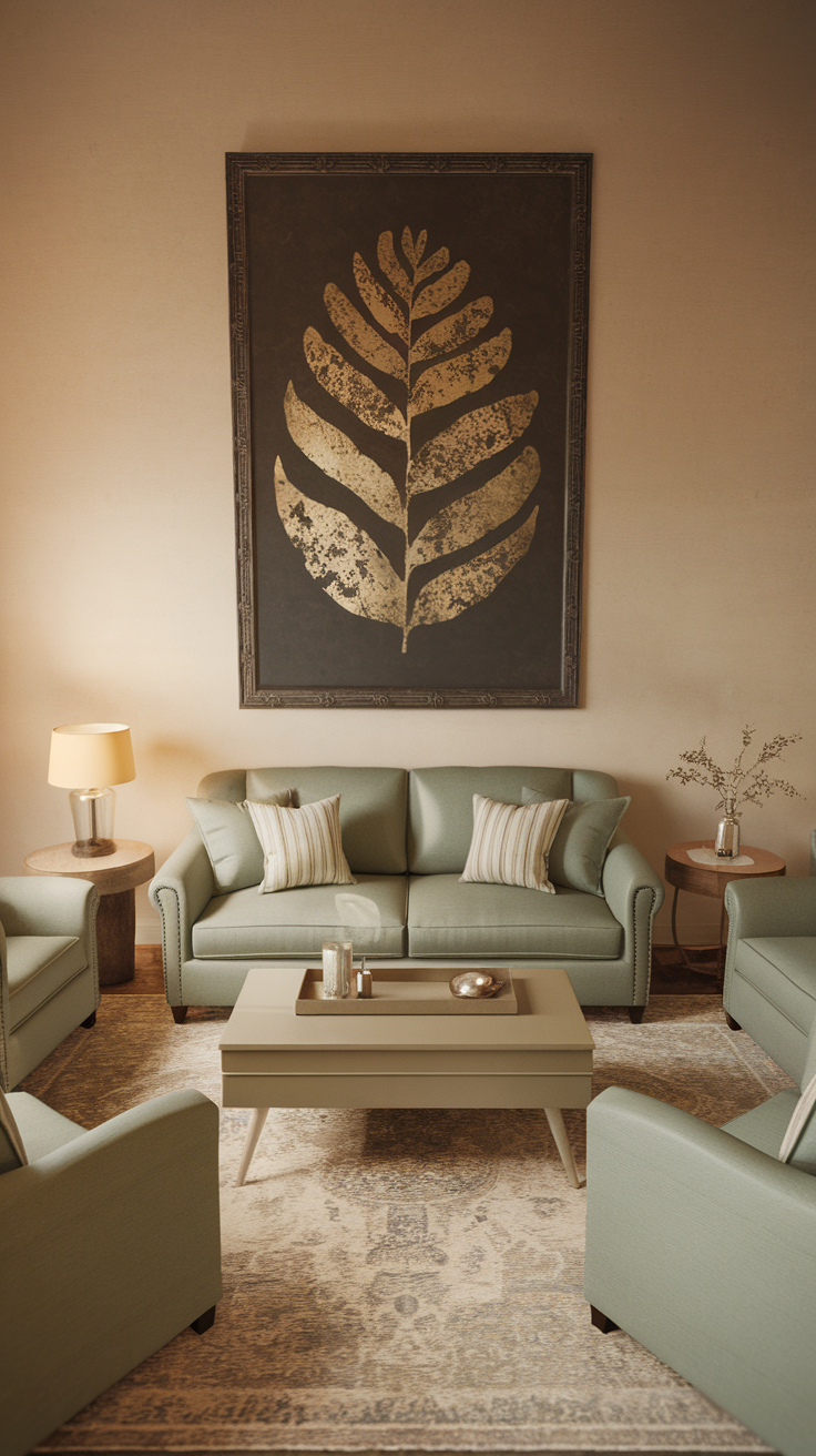 A cozy living room featuring sage green sofas, a coffee table, and warm lighting