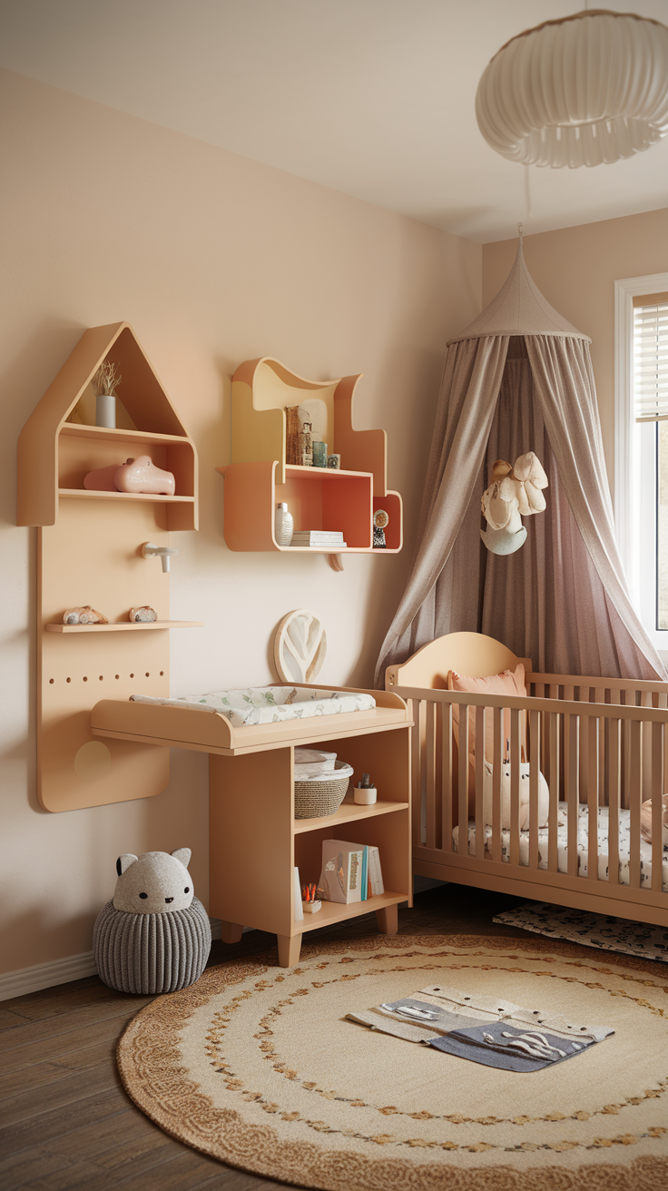 A stylish toddler bedroom featuring a crib, changing table, and creative shelving in a warm color scheme.