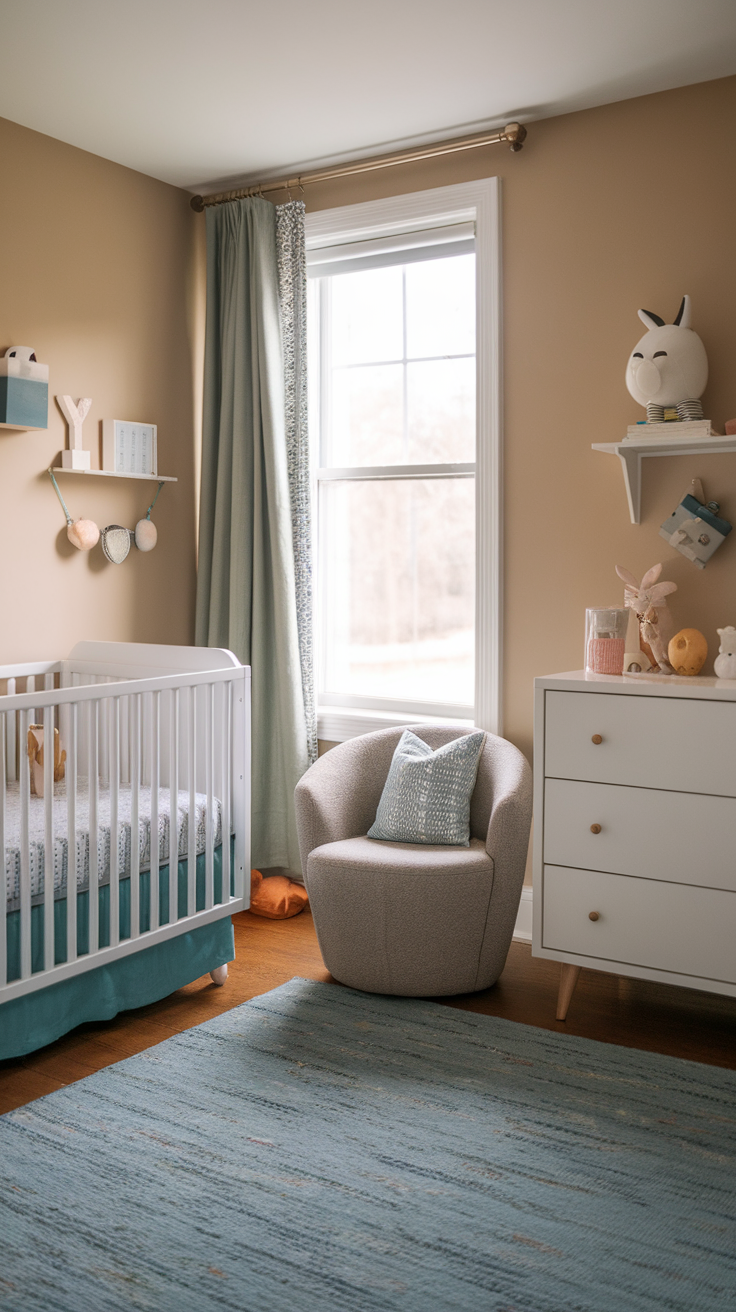 A cozy toddler bedroom featuring a crib, armchair, and decorative elements, with soft colors and natural light.