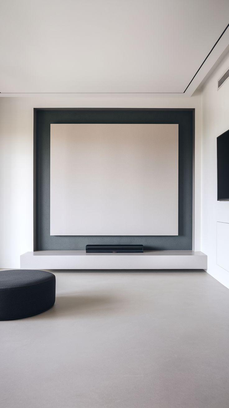 Minimalist living room with a TV accent wall and a round black ottoman