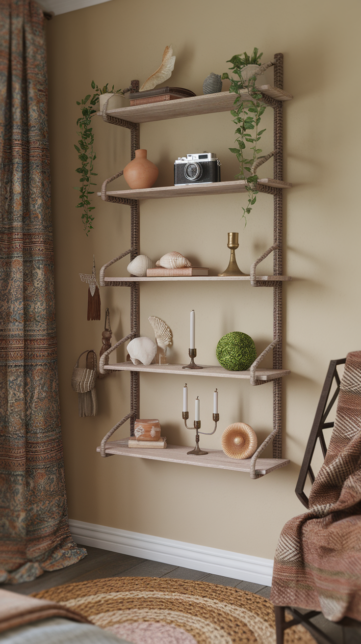 A cozy minimalist shelf displaying personal mementos in a boho style, featuring plants, candles, and various decorative items.