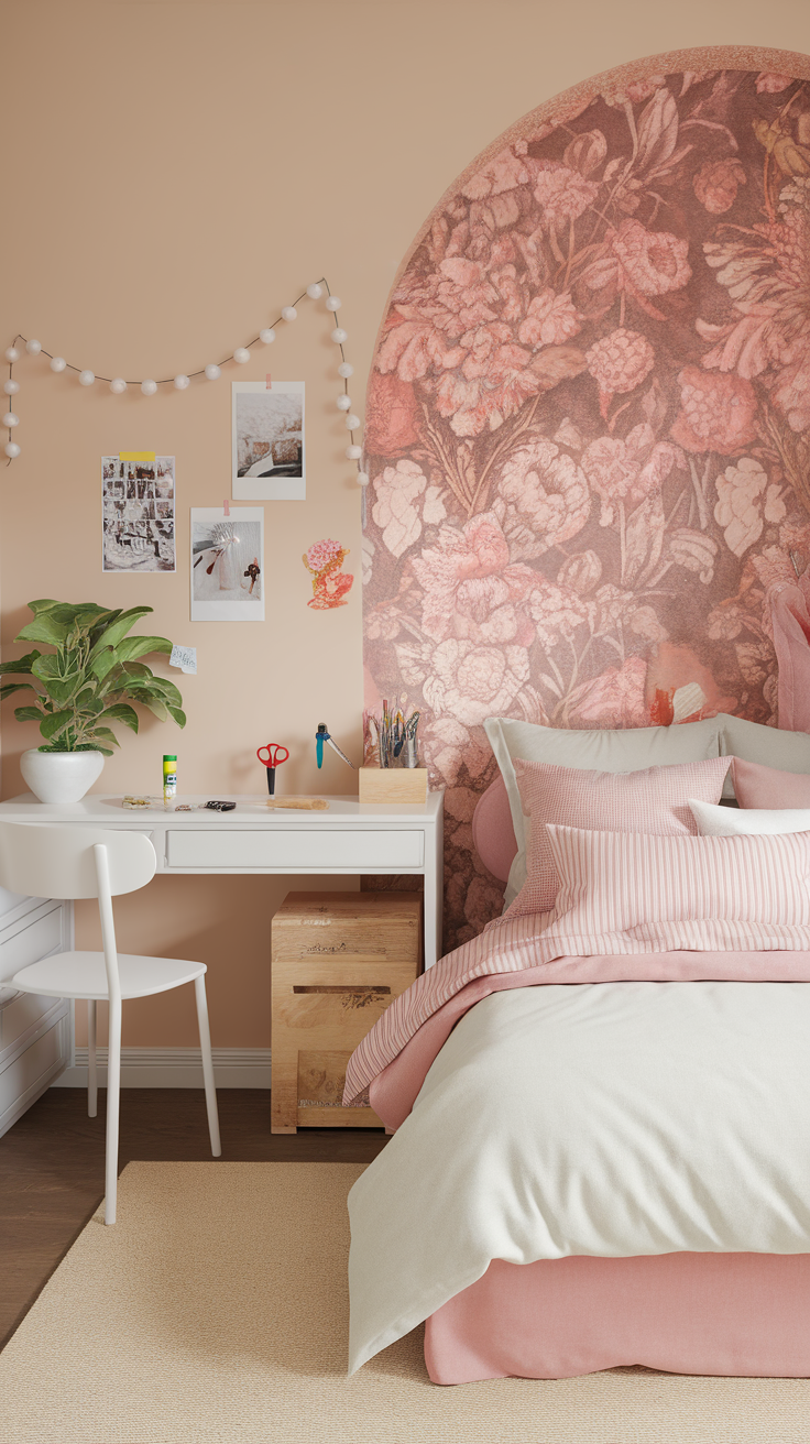 A cozy bedroom featuring floral wallpaper as an accent wall, with a white desk and warm bedding.