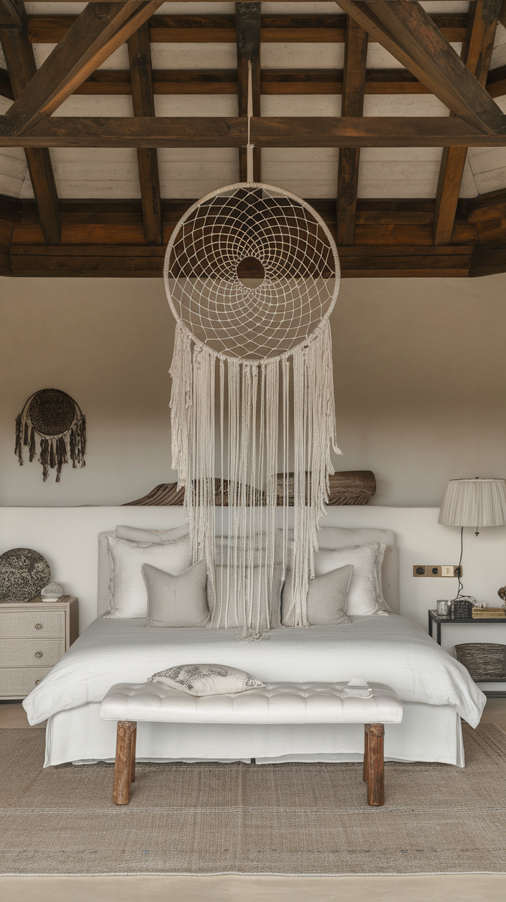 A beautifully decorated bedroom featuring a large dreamcatcher hanging above the bed.