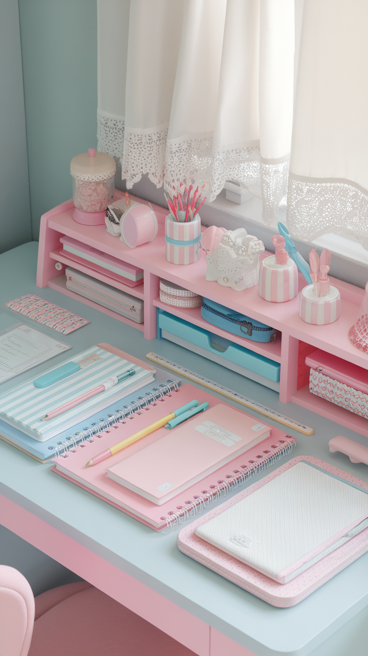 A pastel-themed desk with pink and blue organizers, notebooks, and stationery in a cozy dorm room setting.