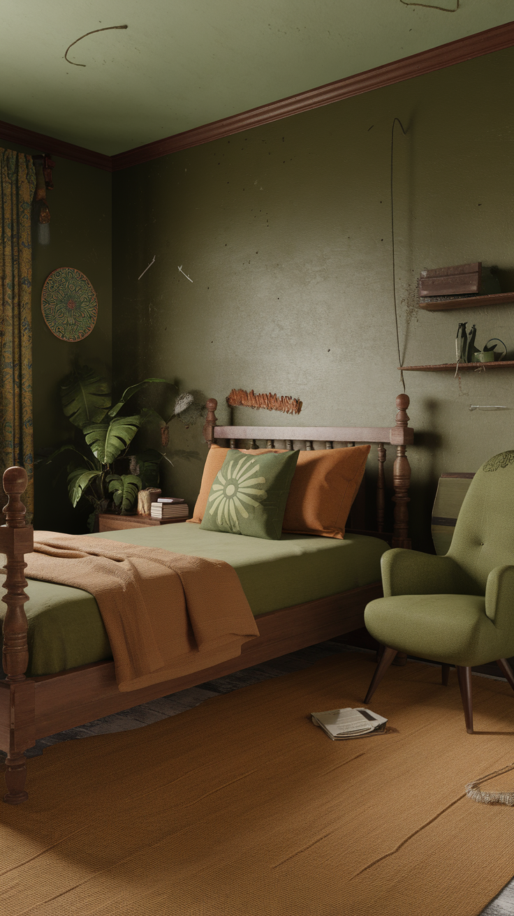 A cozy hippie bedroom with earthy colors, featuring a green bedspread, orange pillows, and wooden furniture.