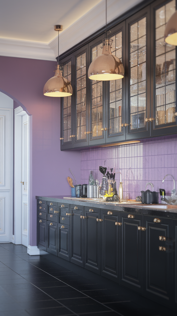 A modern kitchen featuring black cabinets, purple walls, and gold accents.