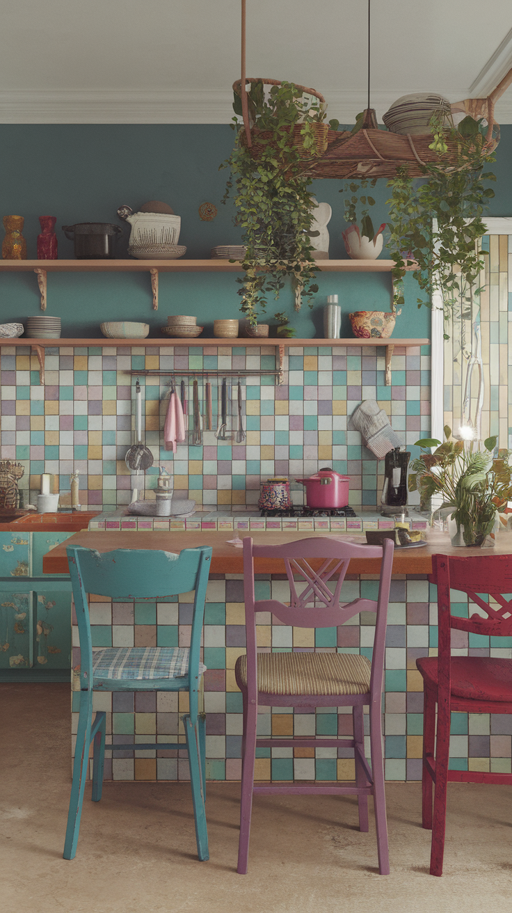 Eclectic gypsy bohemian kitchen with sage green and colorful accents