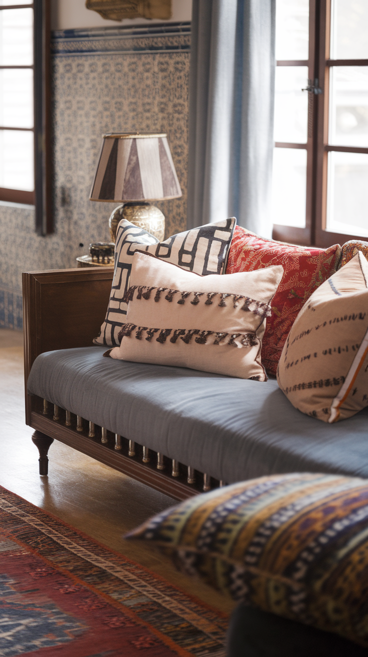 A cozy living room with eclectic throw pillows on a sofa, showcasing various patterns and colors.