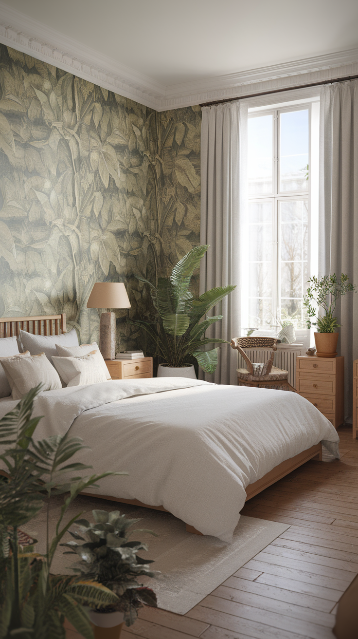 A beautifully designed bedroom with eco-friendly leaf-patterned wallpaper.