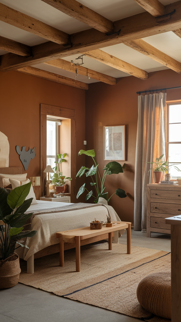 A cozy bedroom featuring natural wood beams, plants, and earthy tones.