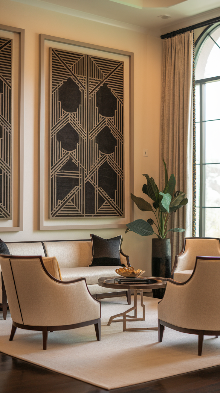 Stylish living room featuring black and white wall decor with geometric patterns, beige seating, and plants.