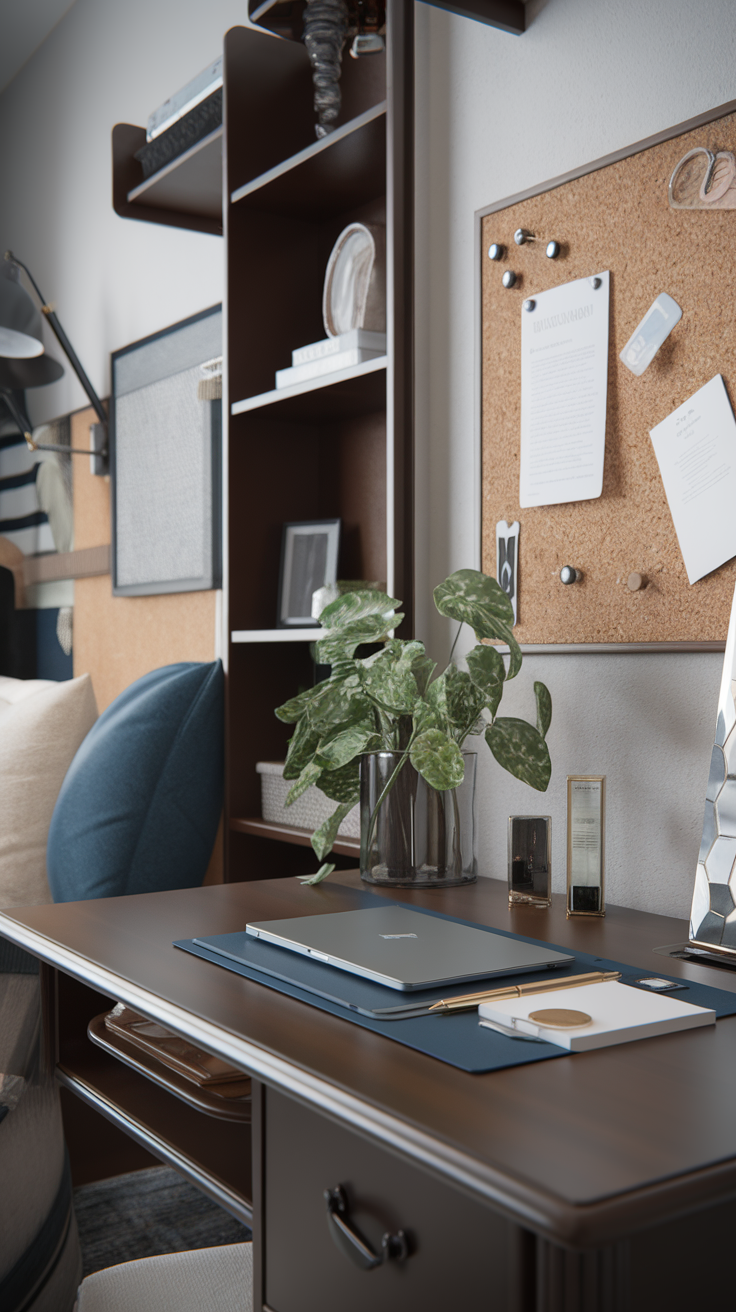 A stylish desk setup featuring a laptop, a potted plant, and a corkboard, creating a modern and inviting workspace.