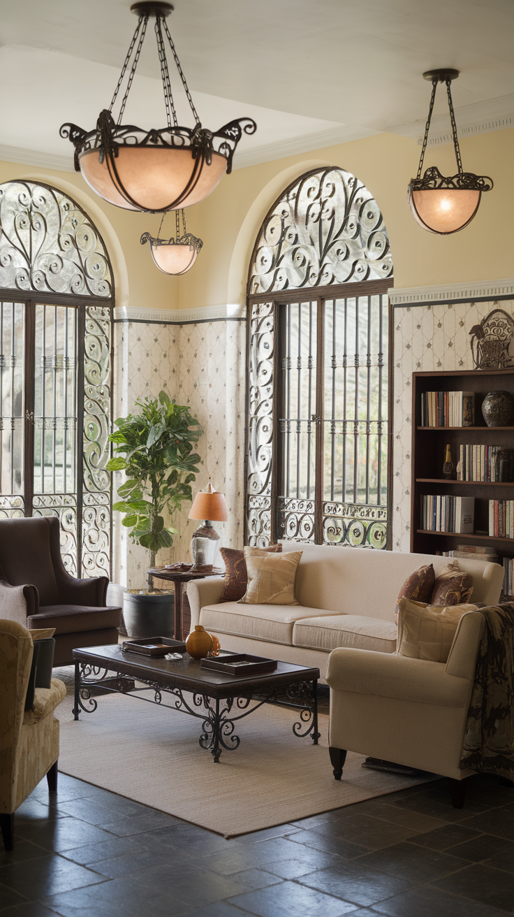 A living room featuring intricate ironwork windows, elegant light fixtures, and comfortable furniture.